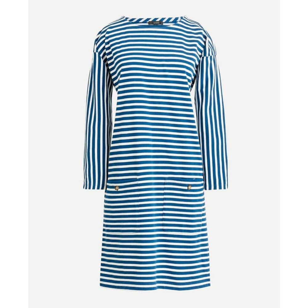 J. Crew Knit Front Pocket Blue White Stripe Shift Dress Size Medium EUC Preppy